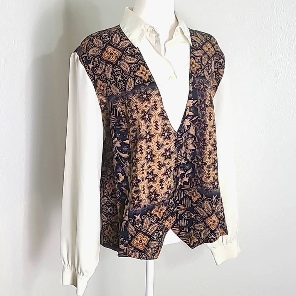 Allison Daley Vintage Off-White Blouse Tan & Navy Blue Print Buttondown Vest, 2X
